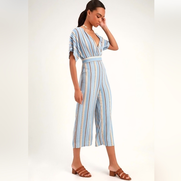 Lulus Pants - Lulu's Vacation Bae Brown/Blue/Wht Striped Jumpsuit Romper Sm.